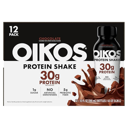 Oikos Protein Shake, Chocolate, 30g High Protein Drinks, Shelf Stable, Ready to Drink, 5g Prebiotic Fiber, 12 fl oz Bottle, 12 Count