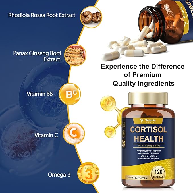 Totaria Cortisol Supplement with Ashwagandha,Magnesium,Rhodiola Rosea,L Theanine,Hormone Balance for Women Mood, Focus, Sleep Support 120 Vegan Capsules (Pack of 2)