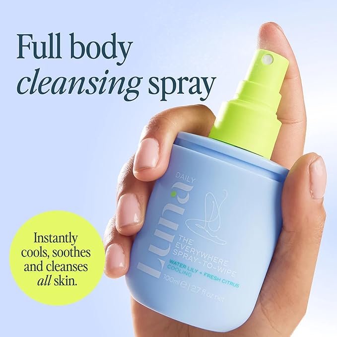 Luna Daily The Everywhere Spray-To-Wipe | Cooling Body Mist & Hydrating pH-Balanced Feminine Care | Cooling Water Lily + Fresh Citrus | Anti-Chafing & Odor Control 80ml
