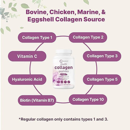 Micro Ingredients 2 Pack Multi Collagen Pills for Women & Men, 480 Capsules | Type I, II, III, V, X | Hydrolyzed Protein Peptides with Biotin, Hyaluronic Acid, & Vitamin C | Keto & Paleo Friendly