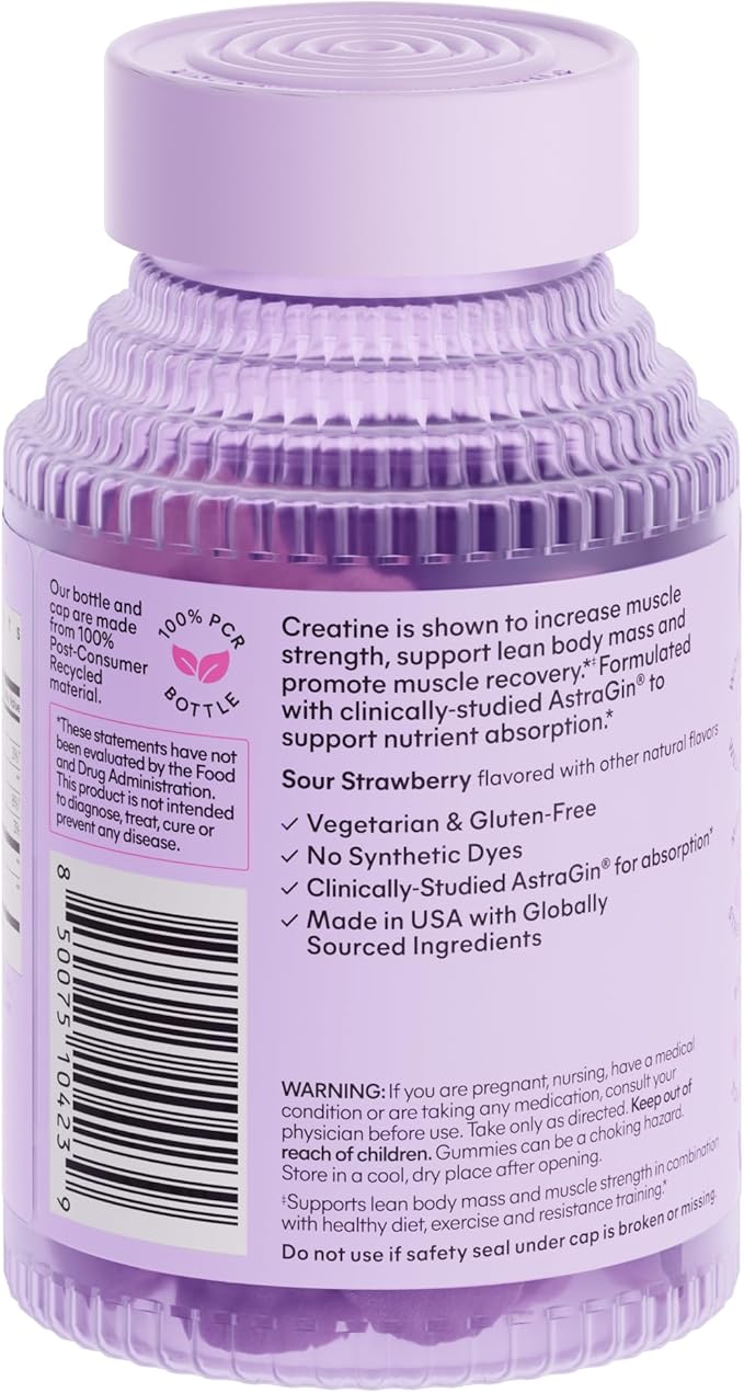 Lemme Creatine Monohydrate Gummies for Women and Men, 5g Dose to Support Lean Muscle, Strength, Recovery, Cognitive Health, w/Ginseng for Absorption, Sour Strawberry, NSF Certified, 60 Gummies