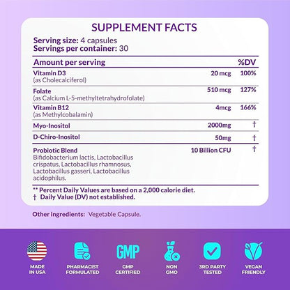 Hormone Balance for Women, Ovarian Support, Fertility, Menstrual Cycle, PCOS | Myo-Inositol & D-Chiro Inositol Supplement 40:1 Ratio w/Folic Acid for Hormonal Balance, B12 & Probiotics - 240 Count