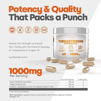 Turkesterone & Tongkat Ali 1000mg Supplement - 500mg Ajuga Turkestanica Per Serving Increase Stamina, Lean Muscle Growth & Recovery - Made in The USA (60 Capsules)