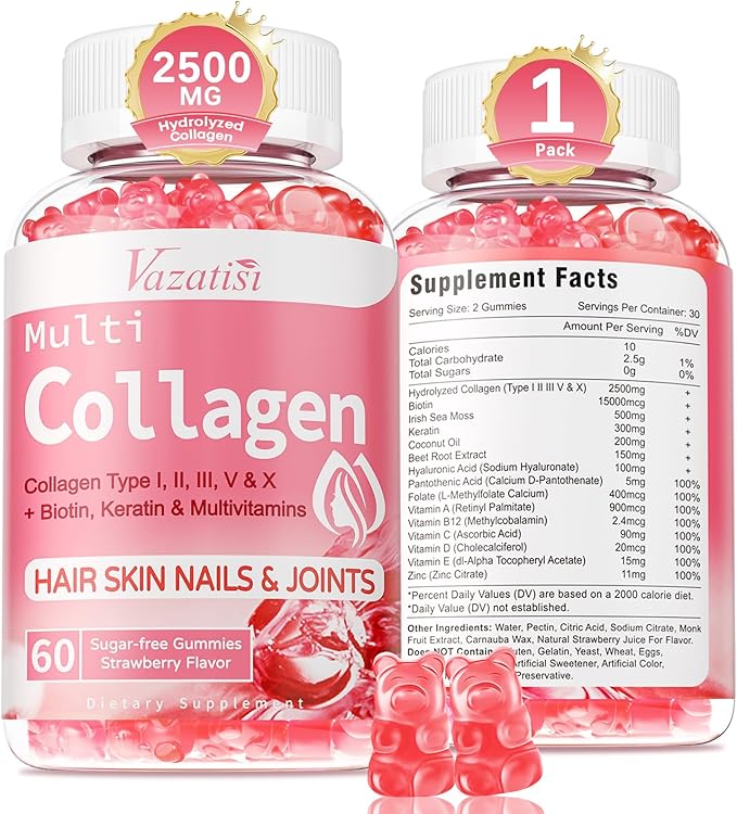 Collagen Peptide Gummies for Women & Men Sugar Free, Hydrolyzed Collagen with Biotin for Hair Skin Nails Digestion, Multi Collagen Protein Type I II III V X with Hyaluronic Acid & Vitamin C, 60 Count