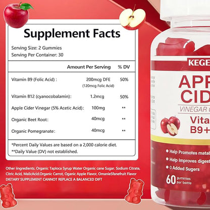 Apple Cider Vinegar Gummy Vitamins - 60 Count - Vitamin B12, Gelatin-Free, Gluten-Free