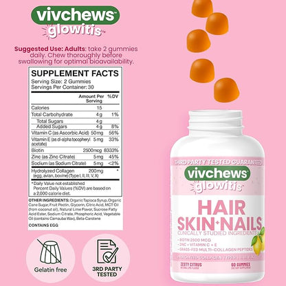 Glowitis Hair, Skin & Nails Gummies for Thick Hair, Strong Nails & Healthy Skin with Hydrolyzed Multi-Collagen Peptides, Biotin, Zinc, Vitamins C & E, Gluten-Free, Zesty Citrus Flavor, 60 Ct