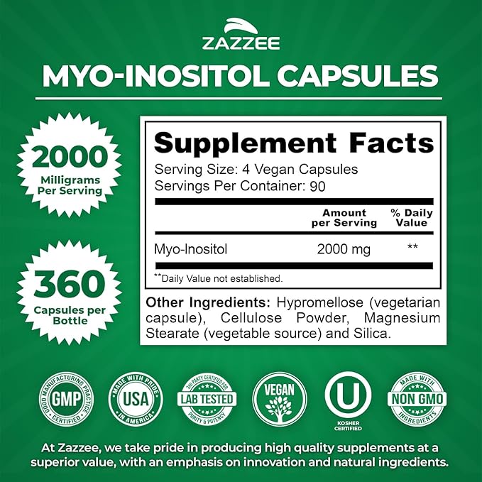 Zazzee Myo-Inositol Capsules, 2000 mg per Serving, 360 Vegan Capsules, Ideal Dosage for 40:1 Ratio, Kosher, 100% Vegetarian, Hormone Balance & Healthy Ovarian Function Support, All-Natural and Non-GMO