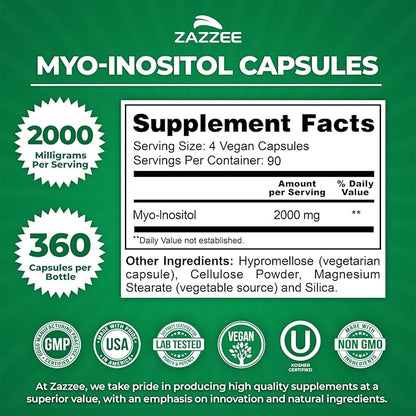 Zazzee Myo-Inositol Capsules, 2000 mg per Serving, 360 Vegan Capsules, Ideal Dosage for 40:1 Ratio, Kosher, 100% Vegetarian, Hormone Balance & Healthy Ovarian Function Support, All-Natural and Non-GMO
