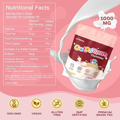 Colostrum Gummies, 1000 mg Grass Fed Colostrum Chews Colostrum Supplement for Gut Health, Hair Growth, Beauty, and Immune Support, Cherry Flavor 60 Servings