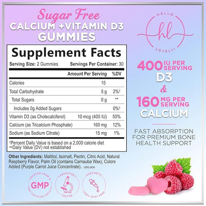 Calcium Gummies with Vitamin D3 10 mcg per Serving - Sugar Free Calcium Supplements for Bone Strength, Teeth & Immune Health Support - Natural Chews, Berry Flavored & High Absorption - 60 Gummies