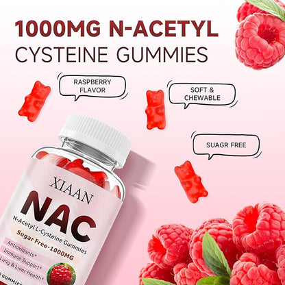 NAC Gummies for Kids & Adults, N Acetyl Cysteine 1000mg NAC Supplement for Antioxidants & Immune Support, Lung & Liver Health, Raspberry Flavor 60 Count