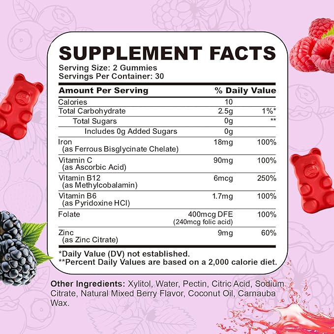 Iron Supplement for Women & Men Gummies, Multivitamin Blood Builder Iron Supplement with Folate Vitamin C B12 B6 Zinc for Adults & Kids - Energy Support - Mixed Berry Flavor, Vegan 60 Gummies