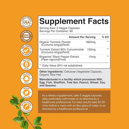 Turmeric Curcumin with Black Pepper Extract - Joint Health Turmeric Supplement with 95% Curcuminoids - Daily Joint Support Supplement with Turmeric and Bioperine for Enhanced Absorption - 180 Count