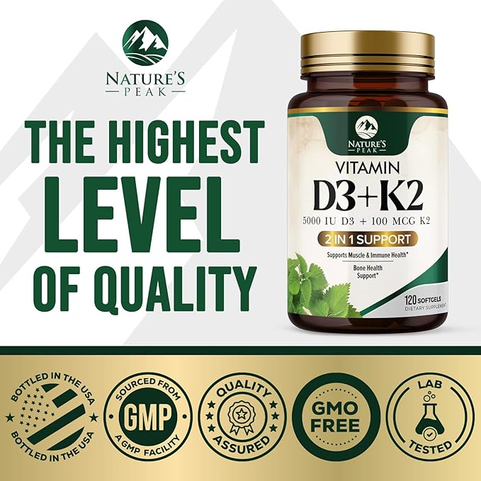 D3 K2 Vitamin - 5000 IU D3 Per Serving - High Potency Vitamin D3 Supplement - Advanced 2-in-1 Complex Vitamin D & Vitamin K2 (MK7) - Easy to Swallow, Bone & Immune Support - USA Bottled - 120 Softgels
