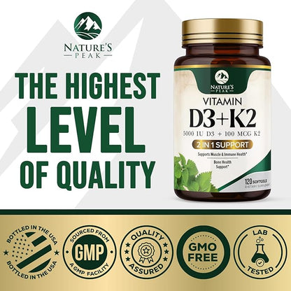 D3 K2 Vitamin - 5000 IU D3 Per Serving - High Potency Vitamin D3 Supplement - Advanced 2-in-1 Complex Vitamin D & Vitamin K2 (MK7) - Easy to Swallow, Bone & Immune Support - USA Bottled - 120 Softgels