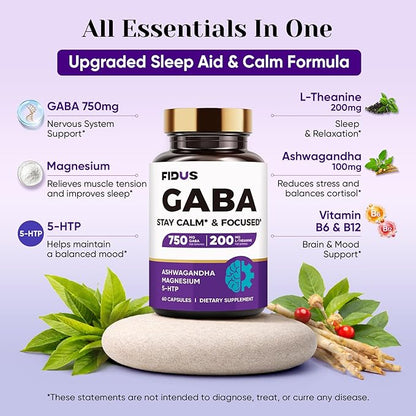 1050mg GABA L-Theanine Ashwagandha - Made in USA - Advanced Sleep Aid & Calm- Magnesium, 5-HTP, Vitamin B6 & B12, GABA (Gamma Aminobutyric Acid) Supplement - Melatonin-Free & Non-Habit Forming