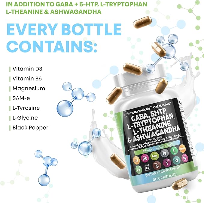 Clean Nutraceuticals GABA 750mg 5 HTP 200mg L Tryptophan 500mg L Theanine 200mg Ashwagandha SAM-e L-Glycine - Mood Support Vitamins for Women and Men with L-Tyrosine (90 Count (Pack of 3))