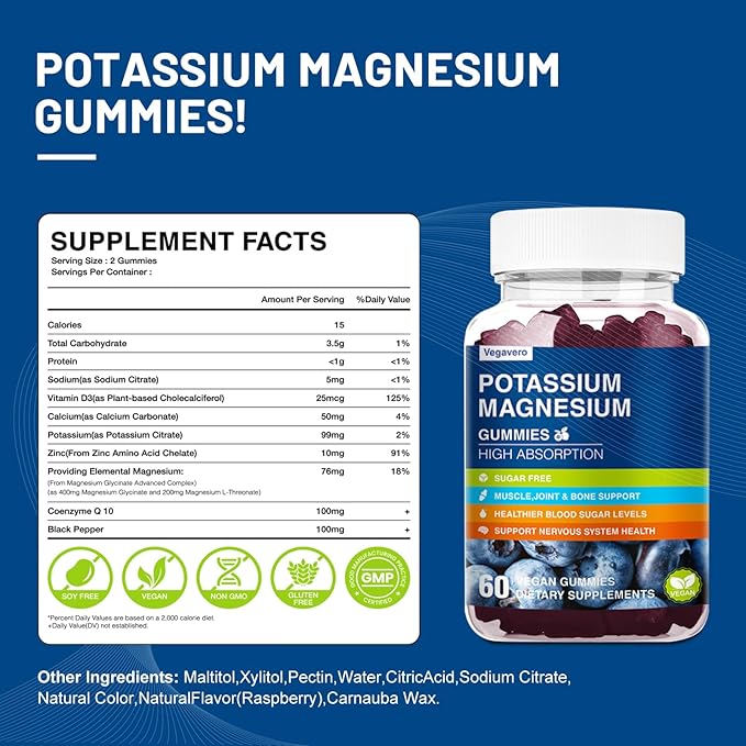Potassium Magnesium Gummies - Magnesium Glycinate B6,D3 & Potassium Citrate for Leg Cramps,Muscle,Electroyte for Adults Kids,Sugar-Free - 60 Blueberry Gummies
