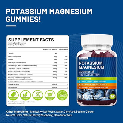 Potassium Magnesium Gummies - Magnesium Glycinate B6,D3 & Potassium Citrate for Leg Cramps,Muscle,Electroyte for Adults Kids,Sugar-Free - 60 Blueberry Gummies
