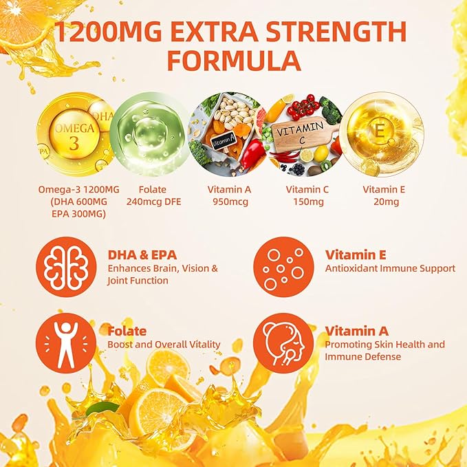 Omega-3 Gummies Vegan 1200mg, EPA and DHA Omega-3 Fatty Acids with Folate, Vitamin A, Vitamins C & E, High Potency Omega 3 Supplements for Immune Support, 60 Count