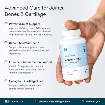 Bettervits Glucosamine Complex with MSM Сhondroitin | Joint Supplements for Women and Men with Vitamin C | Arthritis Support Supplement for Mobility & Flexibility - 90 Capsules