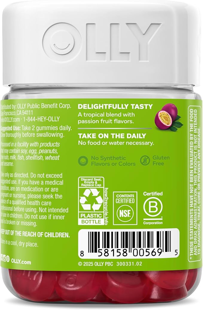 OLLY Daily Energy Gummy, Caffeine Free, Vitamin B12, CoQ10, Goji Berry, Adult Chewable Supplement, Tropical Flavor - 60 Count