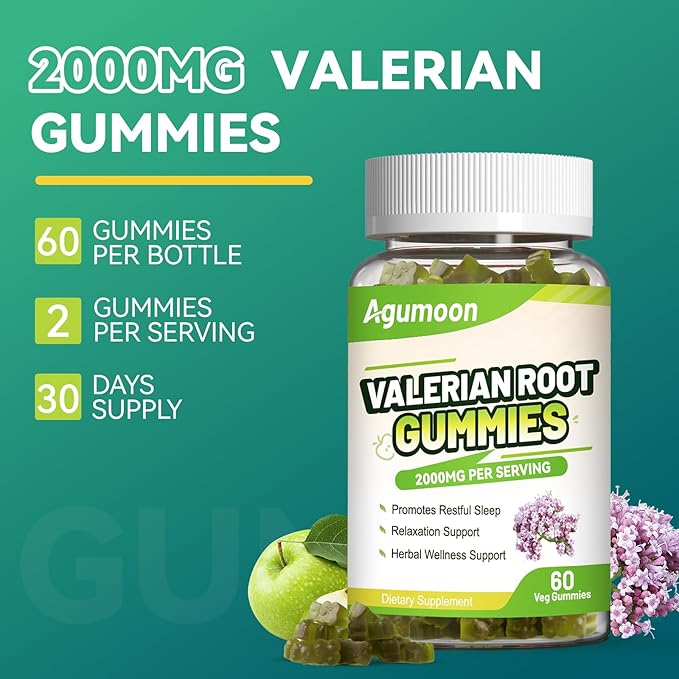 2 Pack Valerian Root Gummies 2000mg, Valerian Root Extract for Relaxation & Mood Support, Herbal Supplement for Kids & Adults, Vegan, Apple Flavor, 120 Count