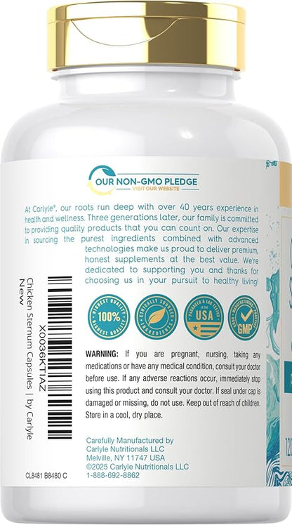 Carlyle Chicken Sternum Cartilage Collagen Capsules | Type II 3000mg | 120 Pills | Plus Hyaluronic Acid | Non-GMO, Gluten Free