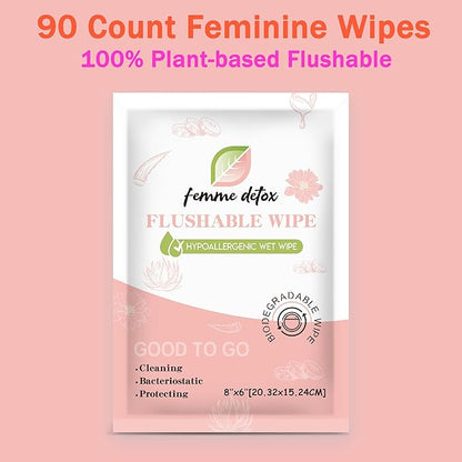 Flushable Feminine Wipes pH-Balanced & Unscented for Sensitive Skin | Individually Wrapped, Septic-Safe, Aloe-Infused | Travel & Home Use (90 Count)