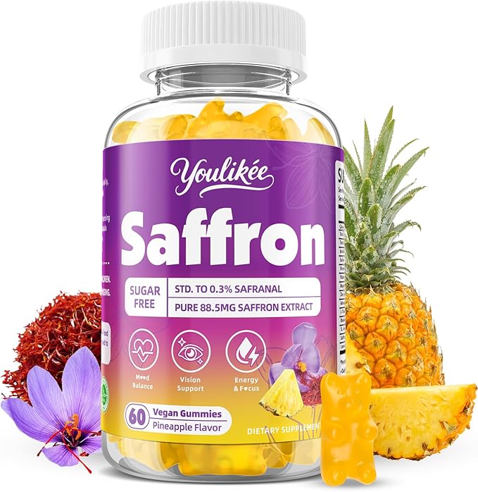 Saffron Gummies 88.5mg - Saffron Supplements with Magnesium, Rhodiola Rosea, Ashwagandha, L-Theanine, Vitamins D3 & B6, Zinc - Supports Antioxidant Function, Pineapple Flavor, 60 Count