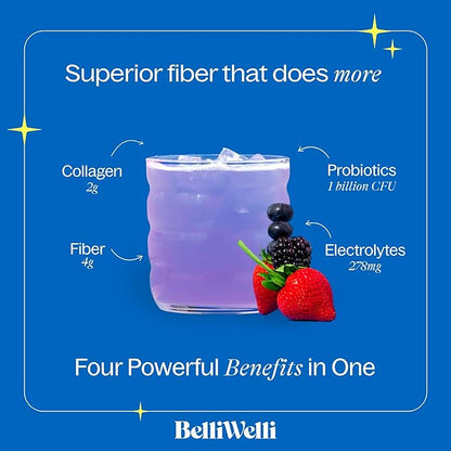 Belli Welli Fiber Supplement for Women & Men – Premium Daily Fiber Powder from Organic Acacia with Added Collagen, Electrolytes & Probiotics – No Bloat, Constipation & Gut Health Support (Wild Berry)