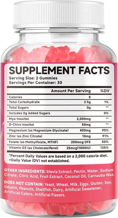 Myo-Inositol & D-Chiro Inositol Gummies, 40:1 Ratio Inositol with Vitamin D3, Magnesium Glycinate, Folate & Zinc, Inositol Supplement for Female Health, Raspberry Flavor, 60 Count