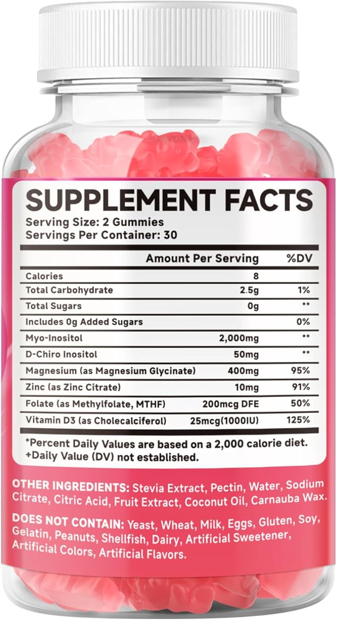 2 Pack Myo-Inositol & D-Chiro Inositol Gummies, 40:1 Ratio Inositol with Vitamin D3, Magnesium Glycinate, Folate & Zinc, Inositol Supplement for Female Health, Raspberry Flavor, 120 Count