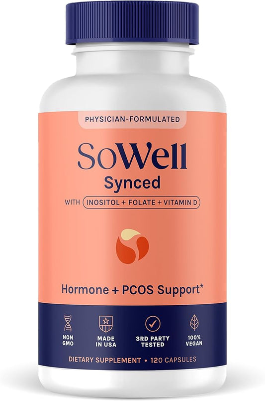 SoWell Synced Women’s Hormone Balance Supplement with Inositol, Vitamin D, and Folate for PCOS & Menstrual Cycle Support, 120 Capsules