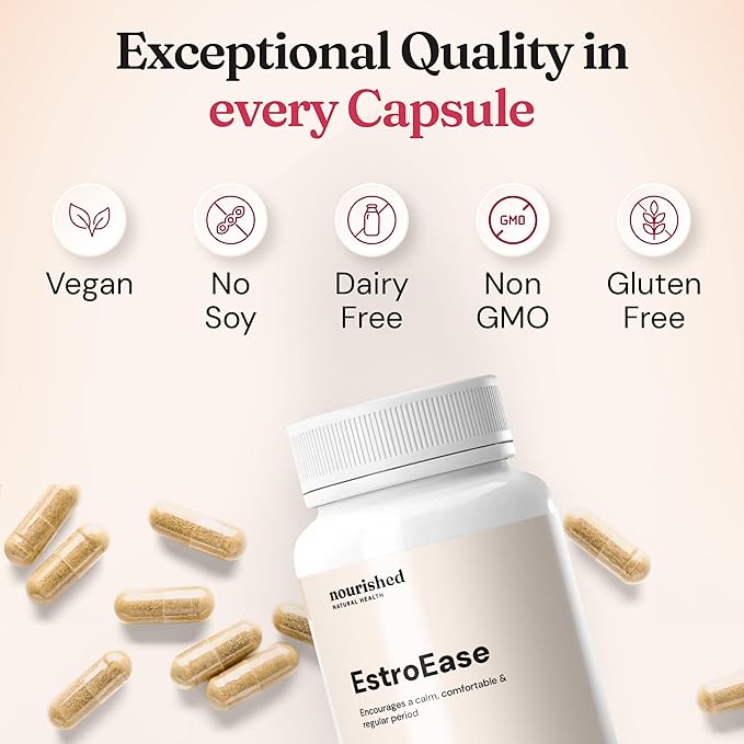Nourished Natural Health EstroEase – Hormone Balance for Women, Menstrual Cycle and PMS Support Supplement for Women - PMS Relief from Cramps, Bloating and Mood Swings – Vegan, Non-GMO – 240 Capsules