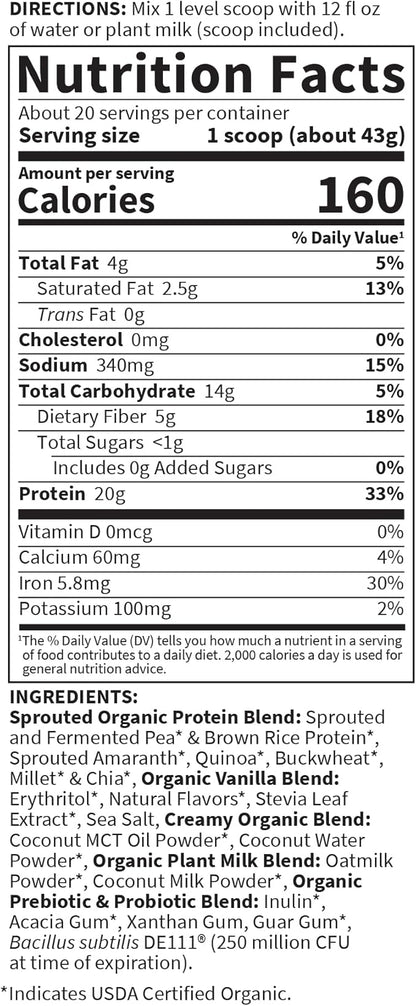 Garden of Life Creamy Plant Protein + Oat Milk Powder + Vanilla Flavor Vegan Protein Powder – Plant Based, Prebiotics & Probiotics, Gluten-Free, Non-GMO, Vanilla Cookie Flavor, 2 LBS