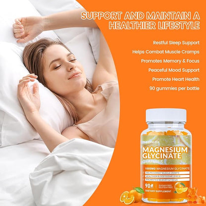 Magnesium Glycinate Gummies 1000mg, Sugar Free Magnesium Potassium Supplements Chewable for Adults with L-Threonate for Sleep, Body Support and Relaxation,90 Orange Gummies