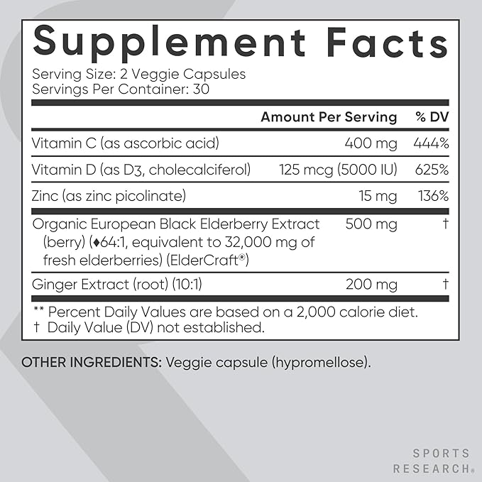 Sports Research® Elderberry Immune Support with Zinc, Ginger, Vitamin C & D3 - Vegan Friendly · Non-GMO · Gluten Free - 60 Veggie Capsules