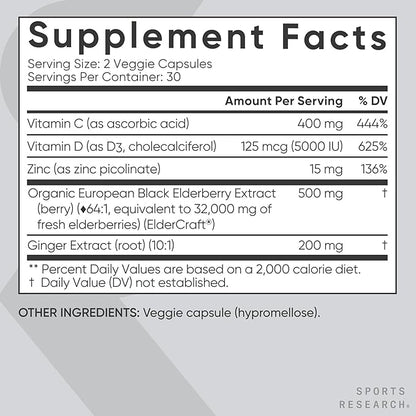Sports Research® Elderberry Immune Support with Zinc, Ginger, Vitamin C & D3 - Vegan Friendly · Non-GMO · Gluten Free - 60 Veggie Capsules
