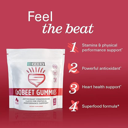 ZHOU CoQBeet Gummies - Beet Root Gummies for Men & Women, Heart Health & Cellular Energy Support Supplement, 300 mg Beetroot & 200 mg CoQ10, Vegan, Gluten Free, Natural Huckleberry Flavor - 50 Count