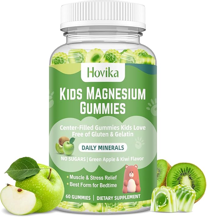 Magnesium Glycinate Gummies for Kids: Calm Magnesium Supplement for Kids & Adults with Zinc Citrate, GABA, Chamomile, Vitamin B6 & C - Sleep, Relaxation & Focus, Green Apple & Kiwi Flavor 60 Count