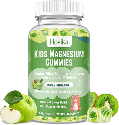 Magnesium Glycinate Gummies for Kids: Calm Magnesium Supplement for Kids & Adults with Zinc Citrate, GABA, Chamomile, Vitamin B6 & C - Sleep, Relaxation & Focus, Green Apple & Kiwi Flavor 60 Count