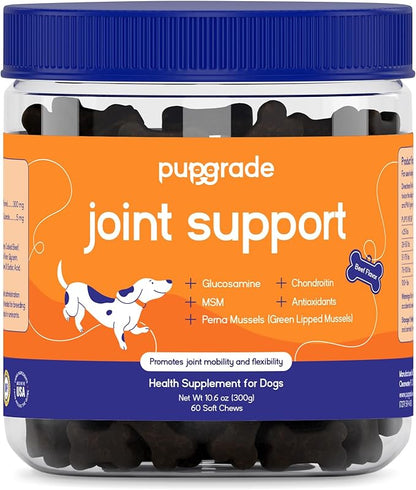 PupGrade Joint Support Supplement for Dogs - Glucosamine + Chondroitin with MSM and Perna - Supports Normal Hip & Joint Health for Occasional Discomfort, Beef Flavor - 60 Soft Chews