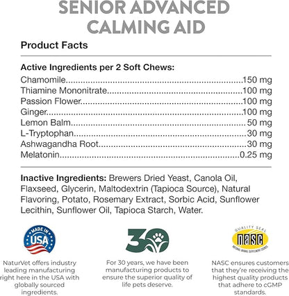 NaturVet Quiet Moments Calming Aid Dog Supplement, Helps Promote Relaxation, Reduce Stress, Storm Anxiety, Motion Sickness for Senior Dogs – 60-Ct. Soft Chews