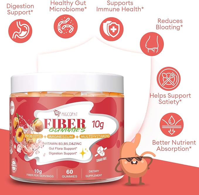 Migcopat 10G Fiber Gummies for Adults with Vitamins C, D, B3, B5 - Digestive & Gut Health Gummies with 30 Billion CFU Probiotics Blend, Inulin, ACV, Magnesium, Zinc, Support Digestive Health, 60 Cts