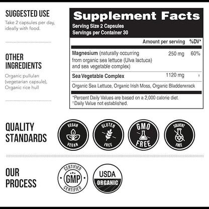 Organic Whole Food Magnesium Supplement - Plant-Based, Organic Sea Vegetable Complex - 250 mg Per Serving | Water Extracted | Gentle on Stomach | Supports Energy, Sleep, Muscle, Heart - 60 Capsules