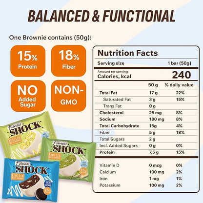 Fitness SHOCK Protein White Brownie Variety Pack - No Added Sugar, 7.5g Protein, Low Carb Dessert - Pistachio, Cookie Cream, Lemon Poppy - 0g Added Sugar, 10g Net Carbs - 10 x 50g
