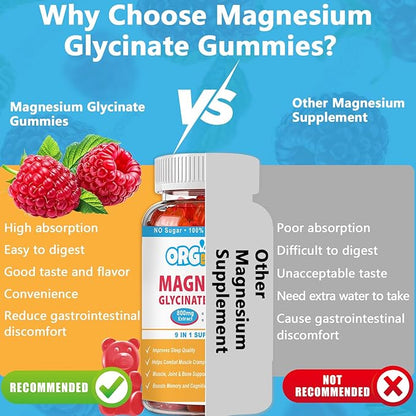 Magnesium Glycinate Gummies 500mg with L-Threonate, Vitamin D, B6, Potassium & CoQ10 | Sugar-Free Complex Formula for Enhanced Sleep Quality | Raspberry Flavor | 60 Count