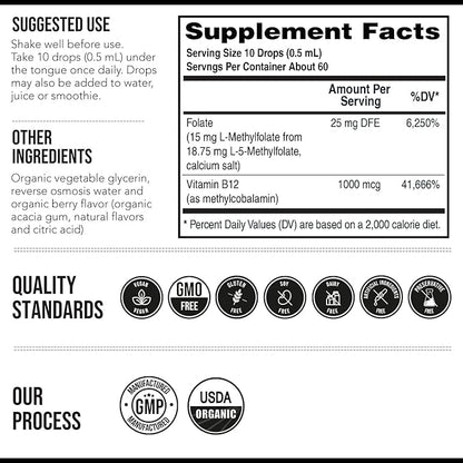 L Methyl Folate 15mg Plus Methyl B12 Cofactor – Organic Berry Flavor, High Potency Liquid Sublingual Active 5-MTHF Form - Supports Mood, Methylation, Cognition – Bioactive Forms Vitamin B9 & B12 (1oz)