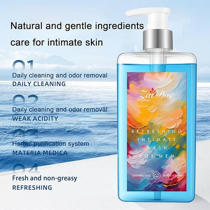 Refresh Gentle Intimate Wash for Men, Daily Cleanser with Lactic Acid & Menthol, pH Balanced for Sensitive Skin, Blue, 10.14 fl oz